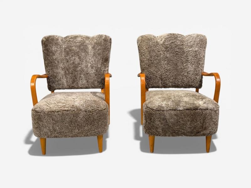 Swedish Modern, Lounge Chairs, Elm, Gray Shearling, Sweden, 1940s - 4