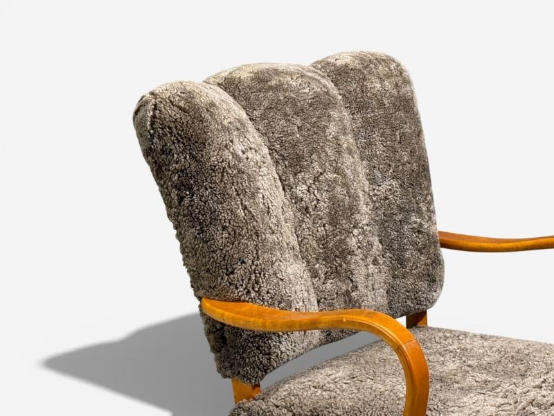 Swedish Modern, Lounge Chairs, Elm, Gray Shearling, Sweden, 1940s - 5