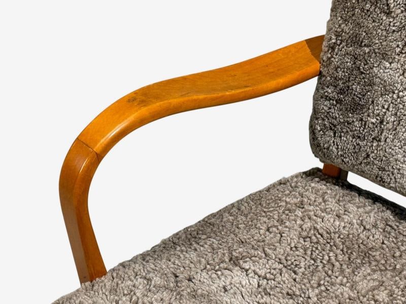 Swedish Modern, Lounge Chairs, Elm, Gray Shearling, Sweden, 1940s - 7