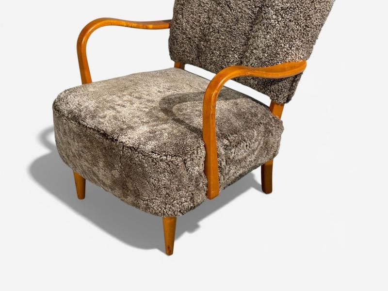 Swedish Modern, Lounge Chairs, Elm, Gray Shearling, Sweden, 1940s - 8