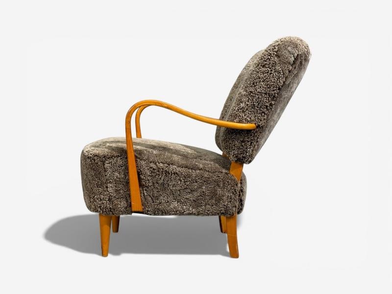 Swedish Modern, Lounge Chairs, Elm, Gray Shearling, Sweden, 1940s - 9