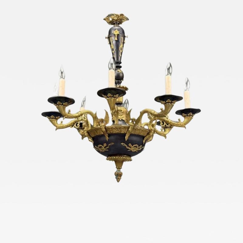 Federal Style, Chandelier, Bronze, Ebony, Europe, 1960s: Title: Federal Style, Chandelier, Bronze, Ebony, Europe, 1960s Description: Federal Style, Bronze Angel Motif Chandelier, Bronze, Ebony, Europe, 1960s A nicely case bronze and ebony chandelier in the
