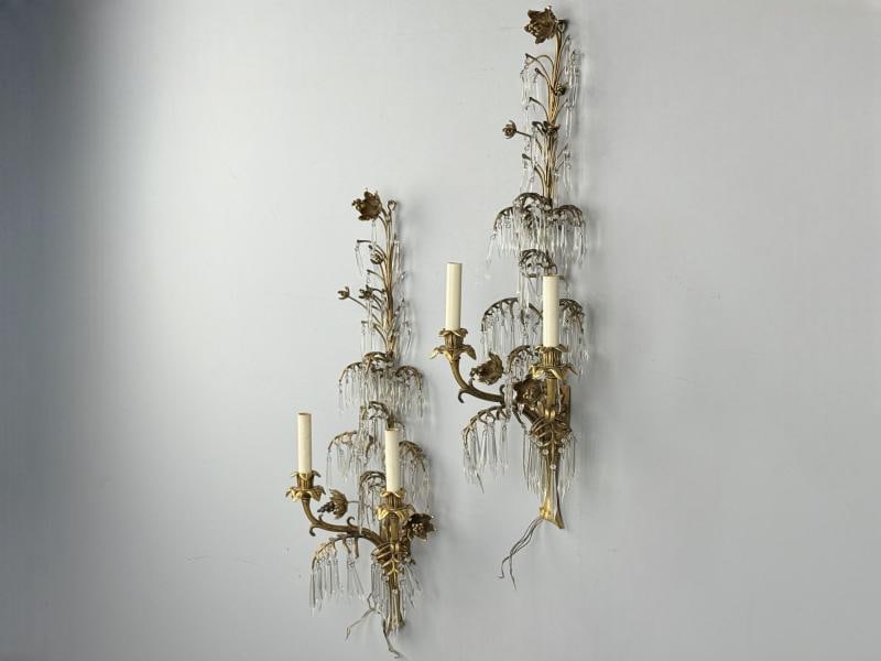French Louis XV, Bronze, Cut Crystal, Large Wall Sconces, France, 1930s - 2