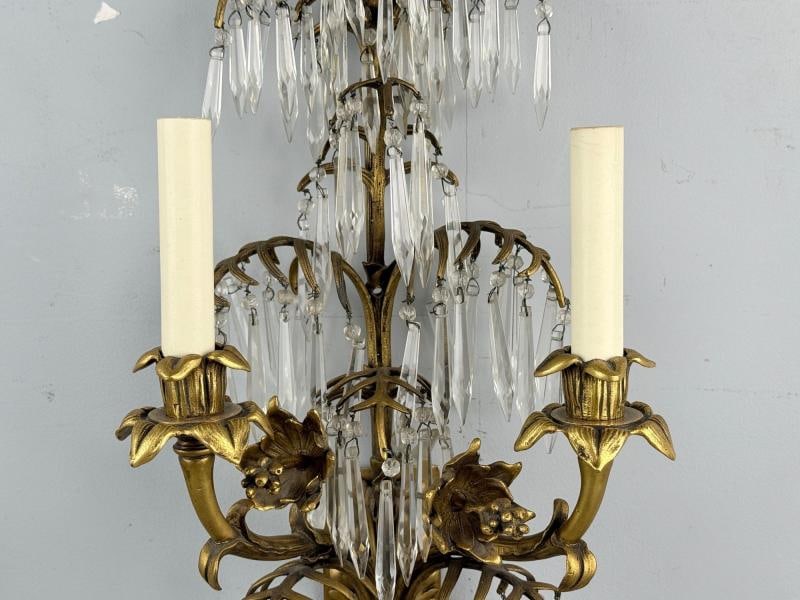 French Louis XV, Bronze, Cut Crystal, Large Wall Sconces, France, 1930s - 7
