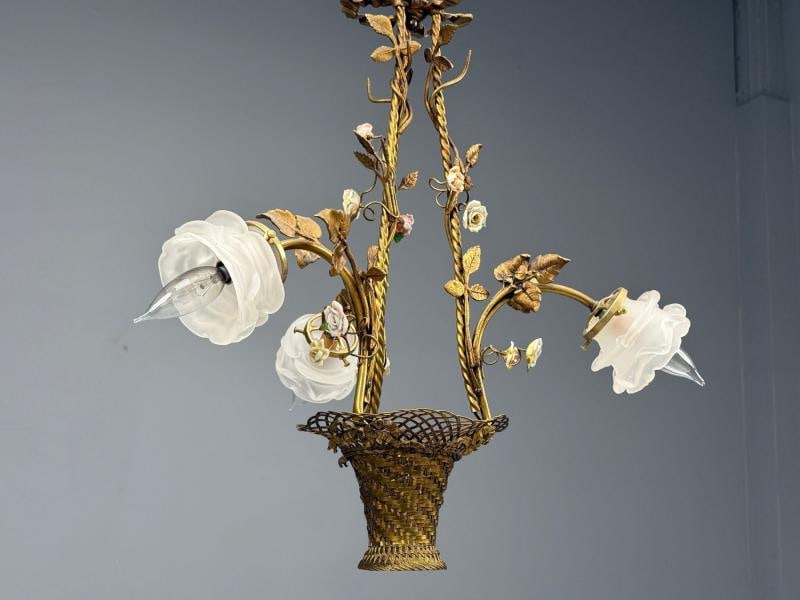 Belle Epoque Style, Basket Chandelier, Bronze, Porcelain, 1940s - 3
