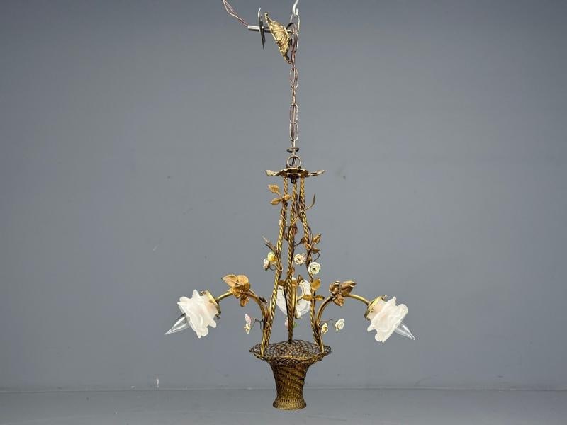 Belle Epoque Style, Basket Chandelier, Bronze, Porcelain, 1940s - 4