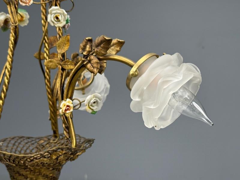 Belle Epoque Style, Basket Chandelier, Bronze, Porcelain, 1940s - 5