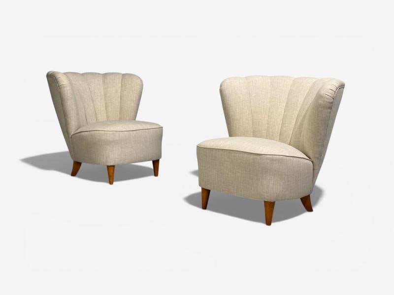 Carl-Johan Boman, Easy Chairs, Beige Linen, Wood, Finland, 1950s - 2