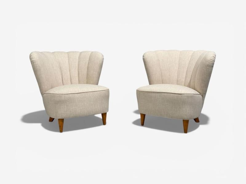Carl-Johan Boman, Easy Chairs, Beige Linen, Wood, Finland, 1950s - 4