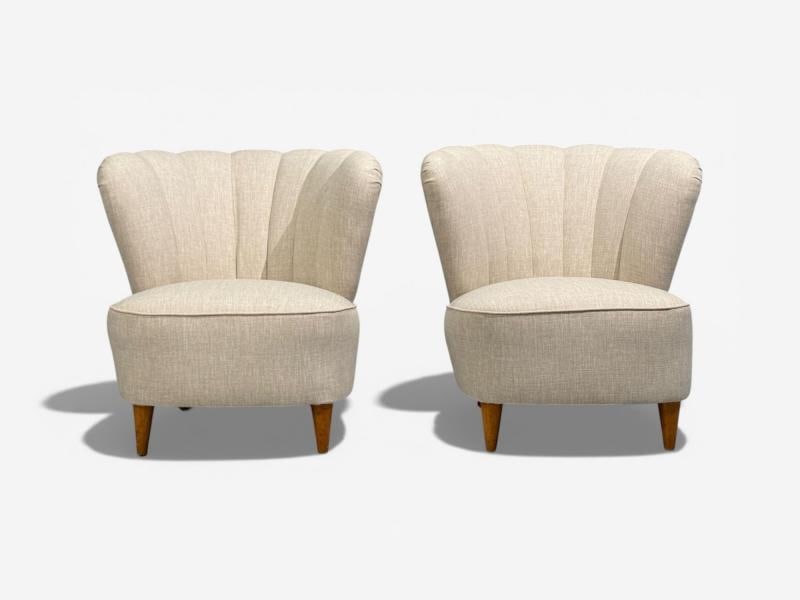 Carl-Johan Boman, Easy Chairs, Beige Linen, Wood, Finland, 1950s - 6