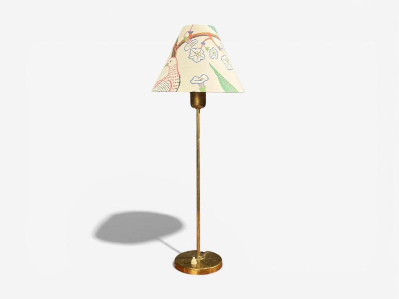 Karlskrona Lampfabrik, Table Lamp, Brass, Josef Frank Fabric, Sweden, 1940s - 5
