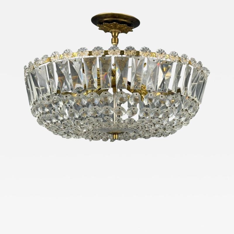 Neoclassical, Basket Pendant Light, Bronze, Crystal, France, 20th c.: Title: Neoclassical, Basket Pendant Light, Bronze, Crystal, France, 20th c. Description: Flush Mount Neoclassical, Basket Flush Mount Pendant Light, Bronze, Crystal, France, 20th c. A chrome and