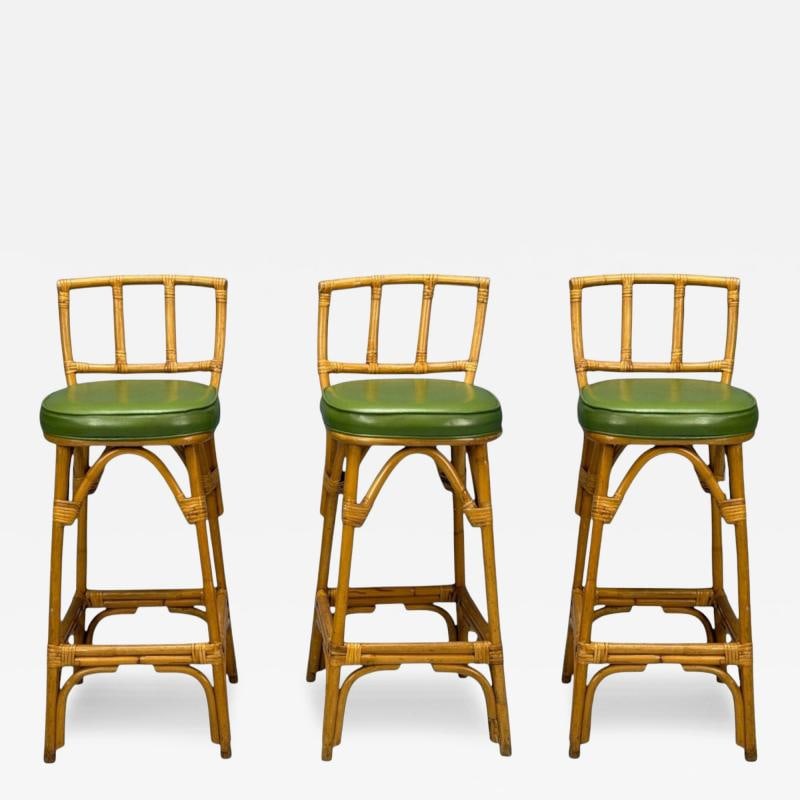 Dutch Modern, Bamboo, Green Leather, Three Barstools, Netherlands, 1970s (1 of 12)