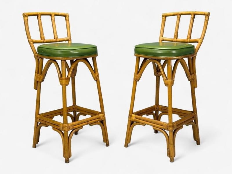 Dutch Modern, Bamboo, Green Leather, Three Barstools, Netherlands, 1970s - 2