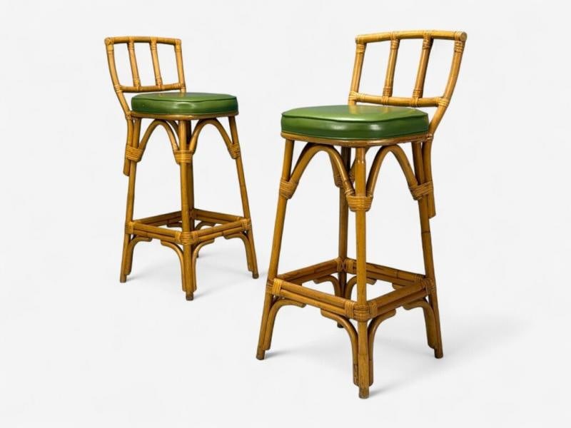 Dutch Modern, Bamboo, Green Leather, Three Barstools, Netherlands, 1970s - 6