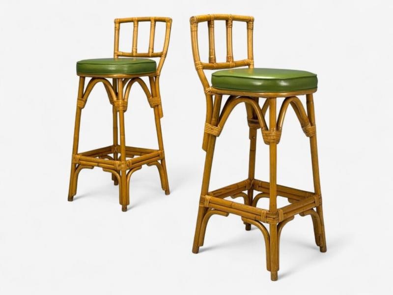 Dutch Modern, Bamboo, Green Leather, Three Barstools, Netherlands, 1970s - 7