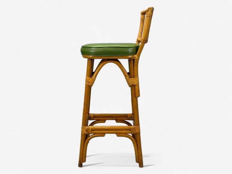 Dutch Modern, Bamboo, Green Leather, Three Barstools, Netherlands, 1970s - 8