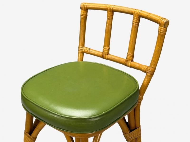 Dutch Modern, Bamboo, Green Leather, Three Barstools, Netherlands, 1970s - 9