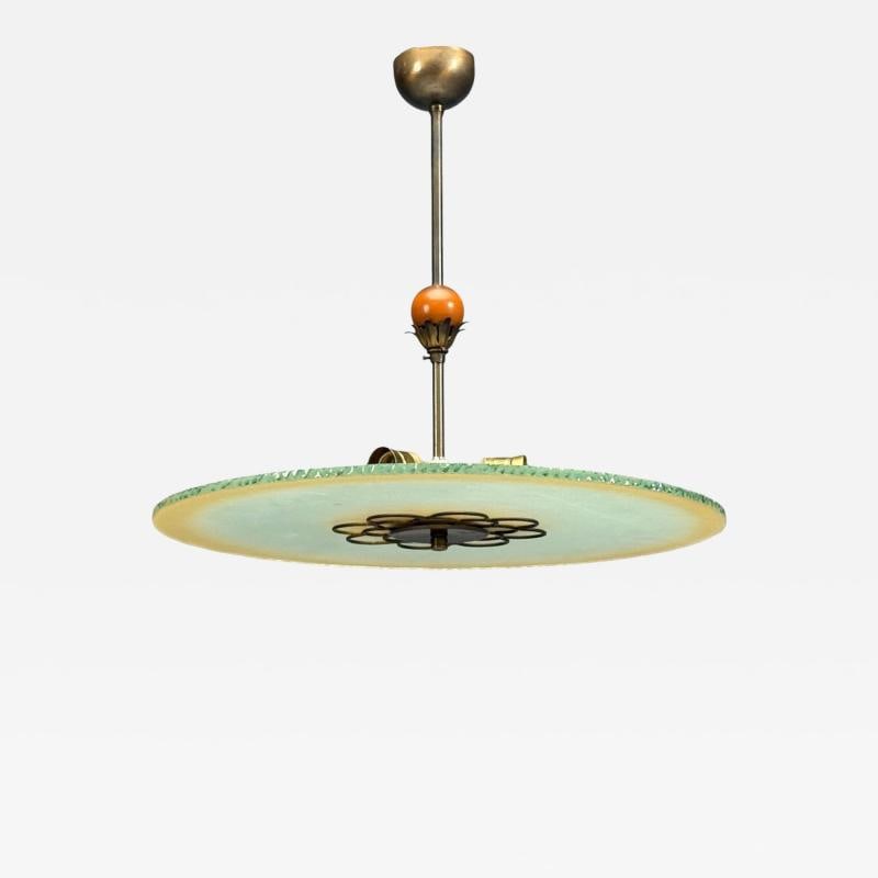 Swedish Modern, Pendant Light, Raw Glass, Wood, Sweden, 1940s: Title: Swedish Modern, Pendant Light, Raw Glass, Wood, Sweden, 1940s Description: Swedish Mid-Century Modern, Pendant Light, Raw Glass, Wood, Sweden, 1940s A raw glass, brass and wood pendant light