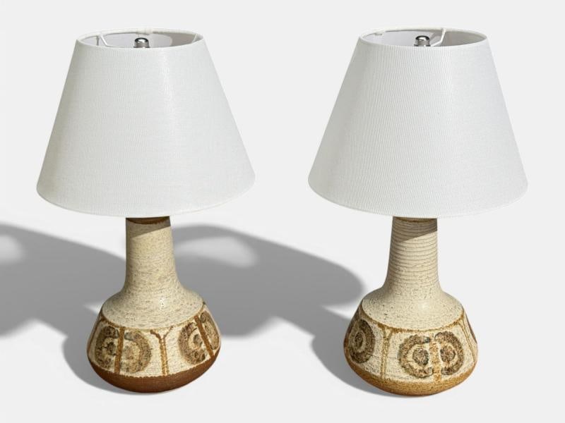 Svend Aage Jensen, Table Lamps, Beige Stoneware, Denmark, 1960s - 2