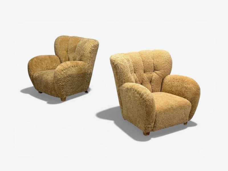 Finnish Modern, Organic Lounge Chairs, Shearling, Wood, Finland, 1940s - 2