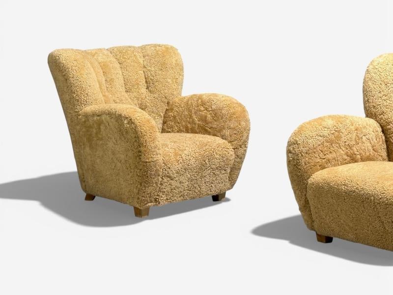 Finnish Modern, Organic Lounge Chairs, Shearling, Wood, Finland, 1940s - 6