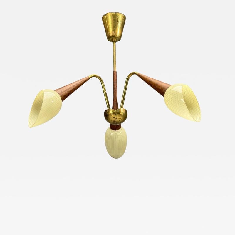 Swedish Modern, Pendant Light, Brass, Wood, Glass, Sweden, 1920s: Title: Swedish Modern, Pendant Light, Brass, Wood, Glass, Sweden, 1920s Description: Swedish Mid-Century Modern, Pendant Light, Brass, Wood, Glass, Sweden, 1920s A three arm metal and wood pendant