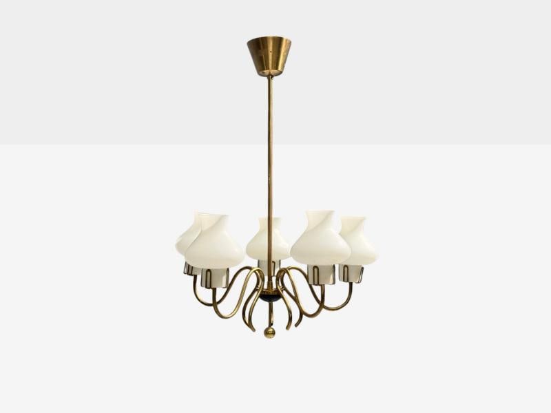 Swedish Modern, Pendant Light, Brass, Opal Glass, Sweden, 1950s - 2