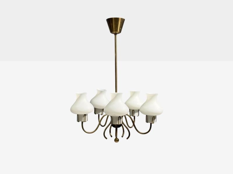 Swedish Modern, Pendant Light, Brass, Opal Glass, Sweden, 1950s - 9