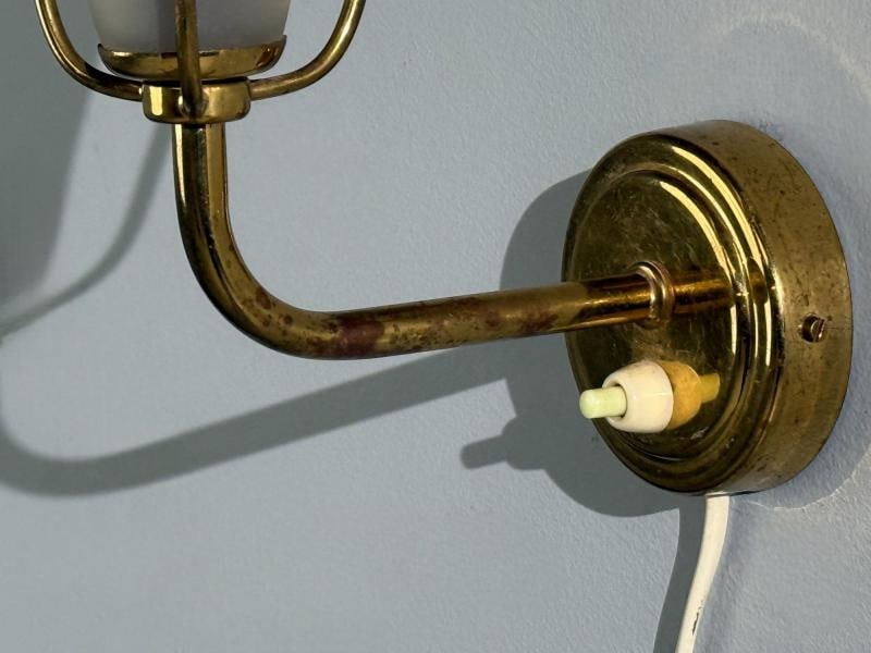 Valinte Oy, Wall Lights, Polished Brass, Frosted Glass, Rattan, Finland, 1950s - 10