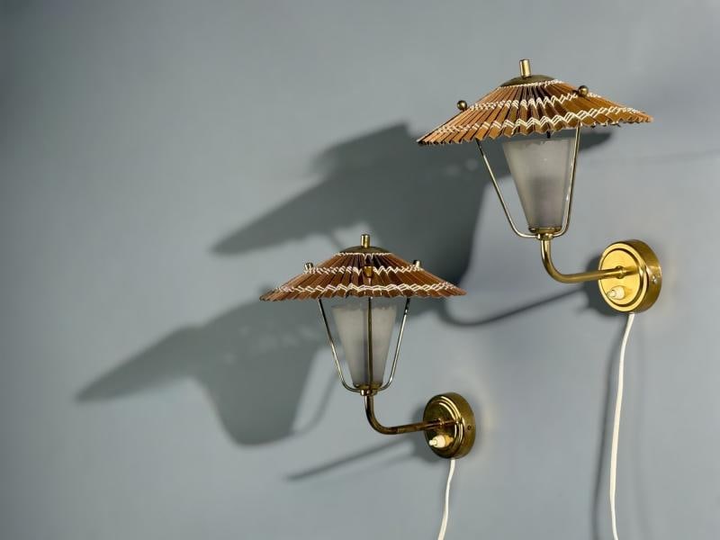 Valinte Oy, Wall Lights, Polished Brass, Frosted Glass, Rattan, Finland, 1950s - 2