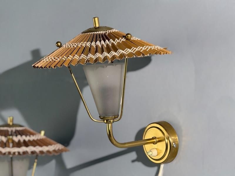 Valinte Oy, Wall Lights, Polished Brass, Frosted Glass, Rattan, Finland, 1950s - 3