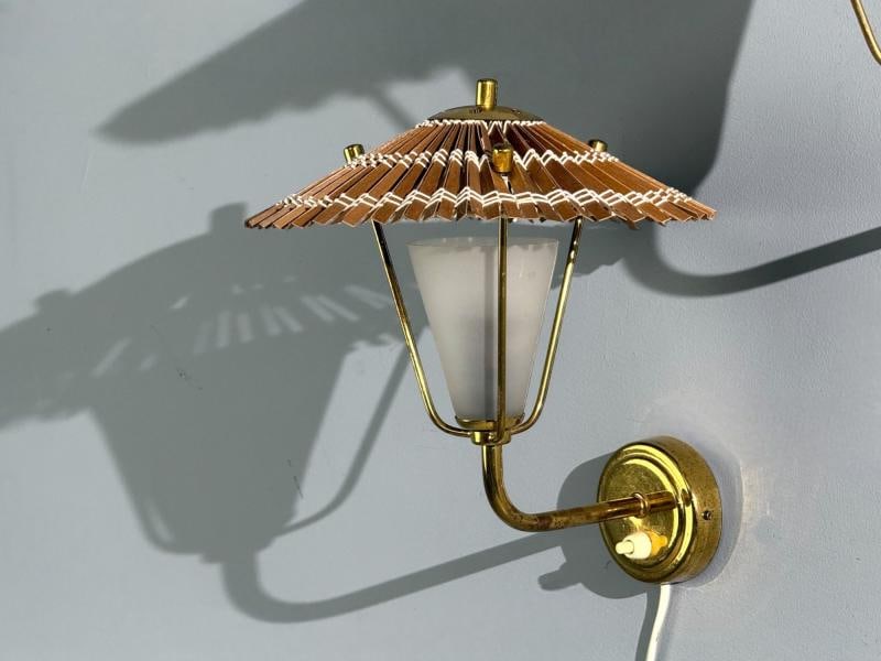 Valinte Oy, Wall Lights, Polished Brass, Frosted Glass, Rattan, Finland, 1950s - 6