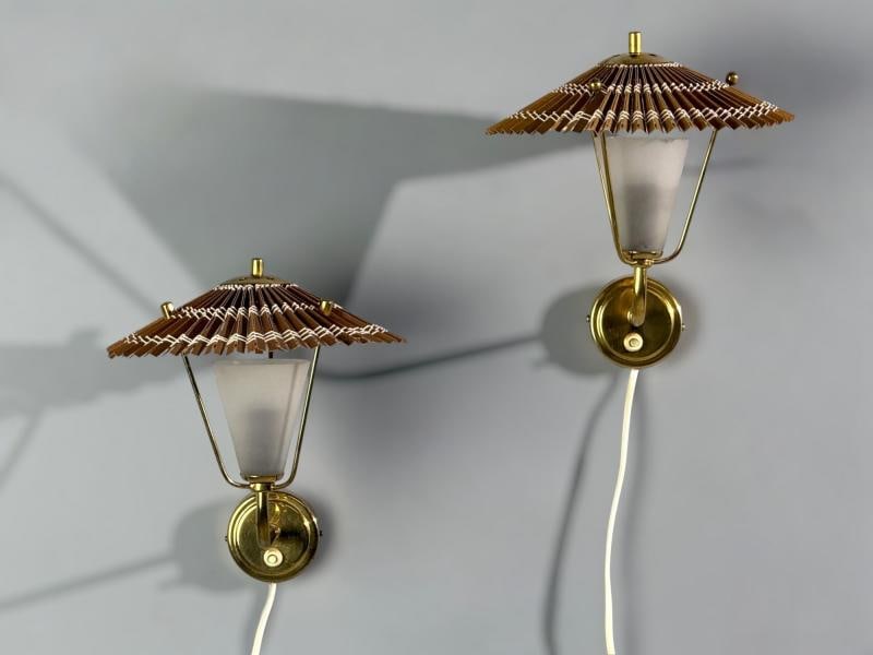 Valinte Oy, Wall Lights, Polished Brass, Frosted Glass, Rattan, Finland, 1950s - 8