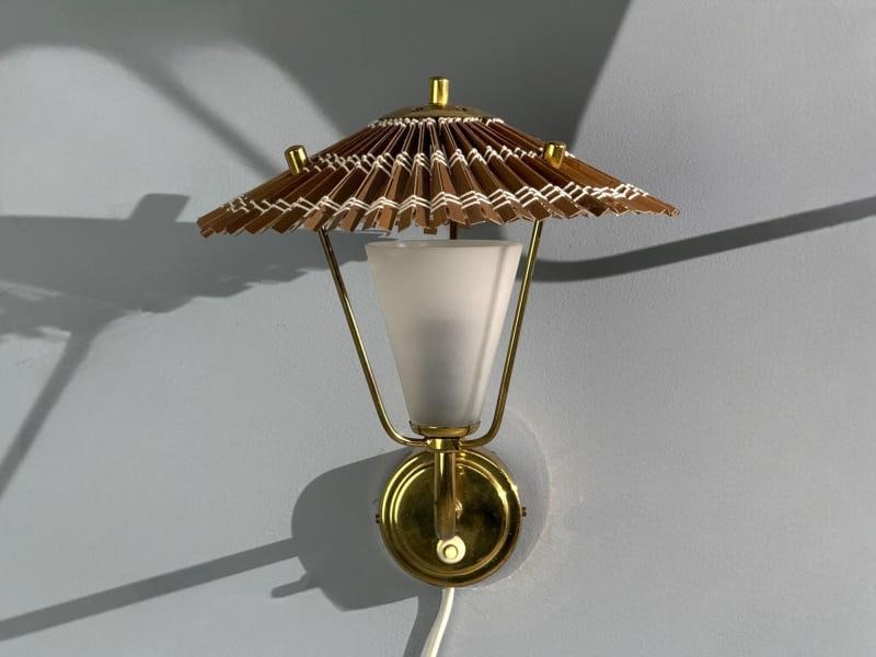 Valinte Oy, Wall Lights, Polished Brass, Frosted Glass, Rattan, Finland, 1950s - 9
