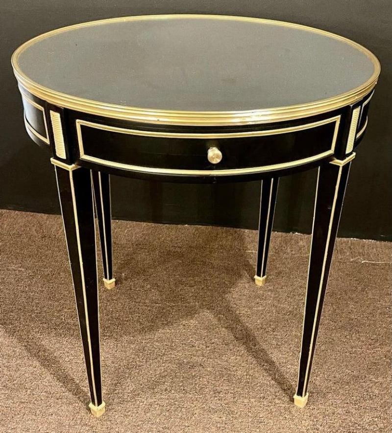 Hollywood Regency Ebony Bouillote or End Tables, Manner Jansen Mirror Tops, Pair - 12