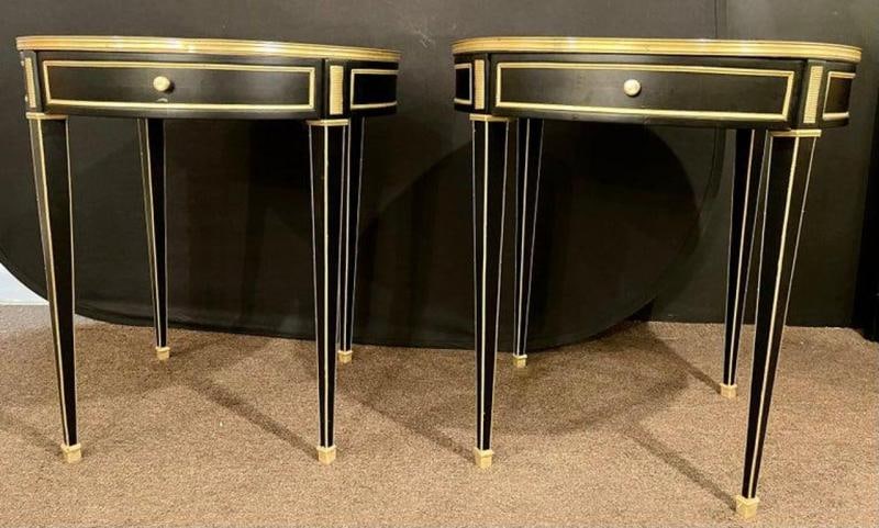 Hollywood Regency Ebony Bouillote or End Tables, Manner Jansen Mirror Tops, Pair - 2
