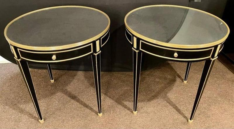 Hollywood Regency Ebony Bouillote or End Tables, Manner Jansen Mirror Tops, Pair - 3