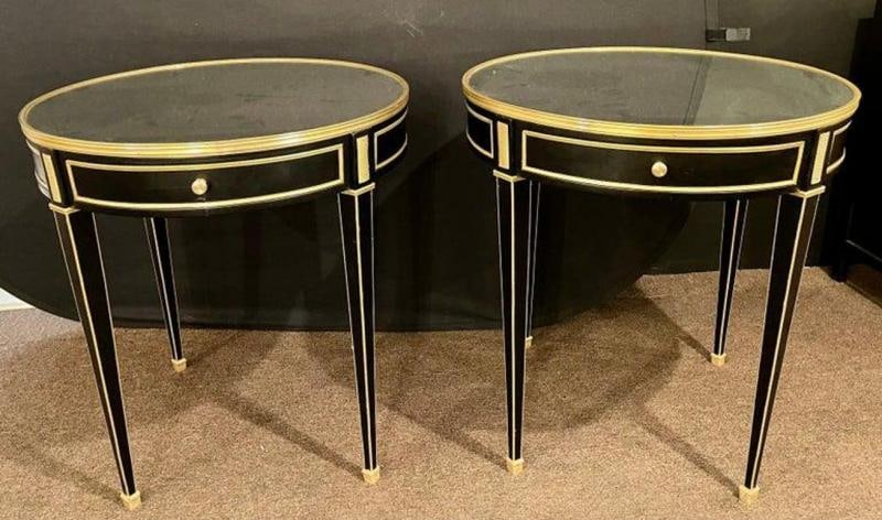 Hollywood Regency Ebony Bouillote or End Tables, Manner Jansen Mirror Tops, Pair - 4