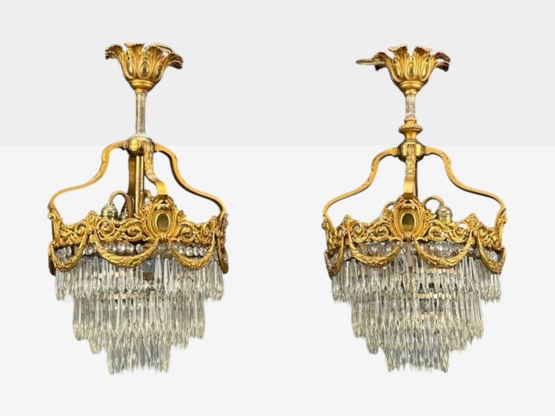 French Louis XVI, Chandeliers, Dore Bronze, Crystal, France, 19th Century - 12