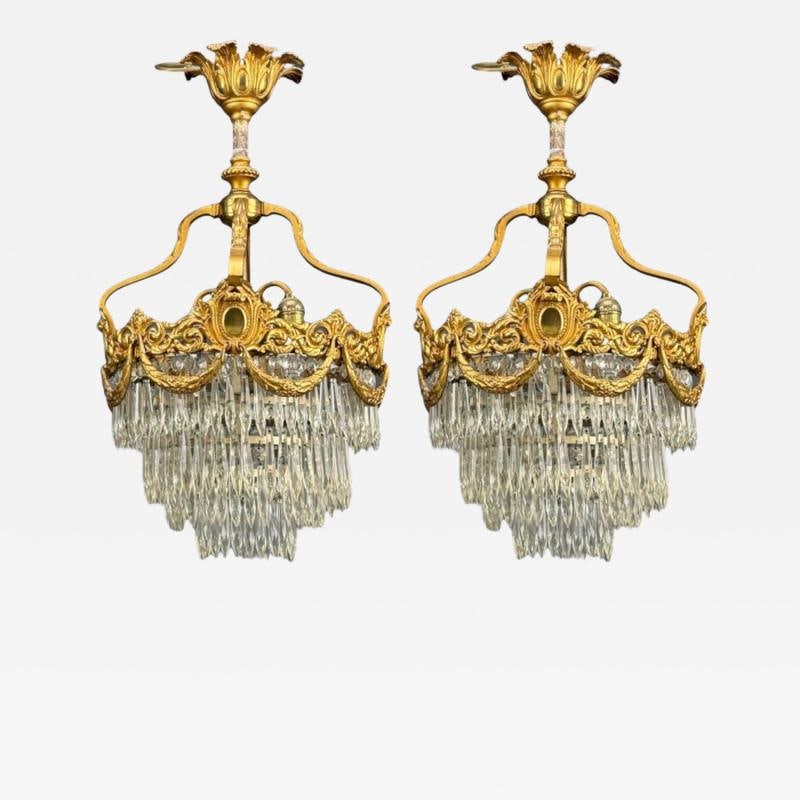 French Louis XVI, Chandeliers, Dore Bronze, Crystal, France, 19th Century: Title: French Louis XVI, Chandeliers, Dore Bronze, Crystal, France, 19th Century Description: French Louis XVI, Pair of Chandeliers or Pendant Lights, Dore Bronze, Crystal, France, 19th Century An
