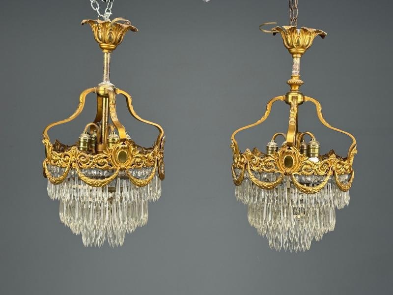 French Louis XVI, Chandeliers, Dore Bronze, Crystal, France, 19th Century - 2