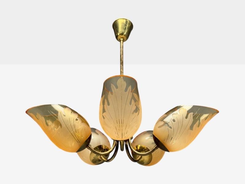 Carl Erik Bodén, Chandelier, Brass, Glass, Sweden, 1940s - 3