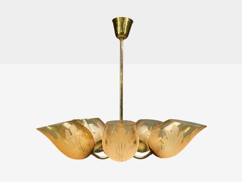 Carl Erik Bodén, Chandelier, Brass, Glass, Sweden, 1940s - 4