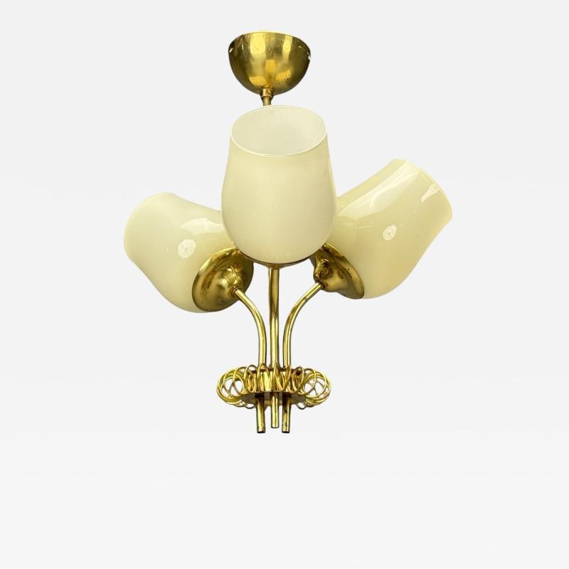 Itsu, Finnish Modern, Pendant Light, Opal Glass, Finland, 1940s: Title: Itsu, Finnish Modern, Pendant Light, Opal Glass, Finland, 1940s Description: Itsu, Finnish Mid-Century Modern, Pendant Light, Opal Glass, Finland, 1940s A three arm pendant light designed and p