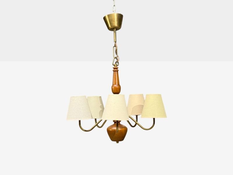 Hans Bergström Attr., Pendant Light, Brass, Wood, Sweden, 1920s - 2