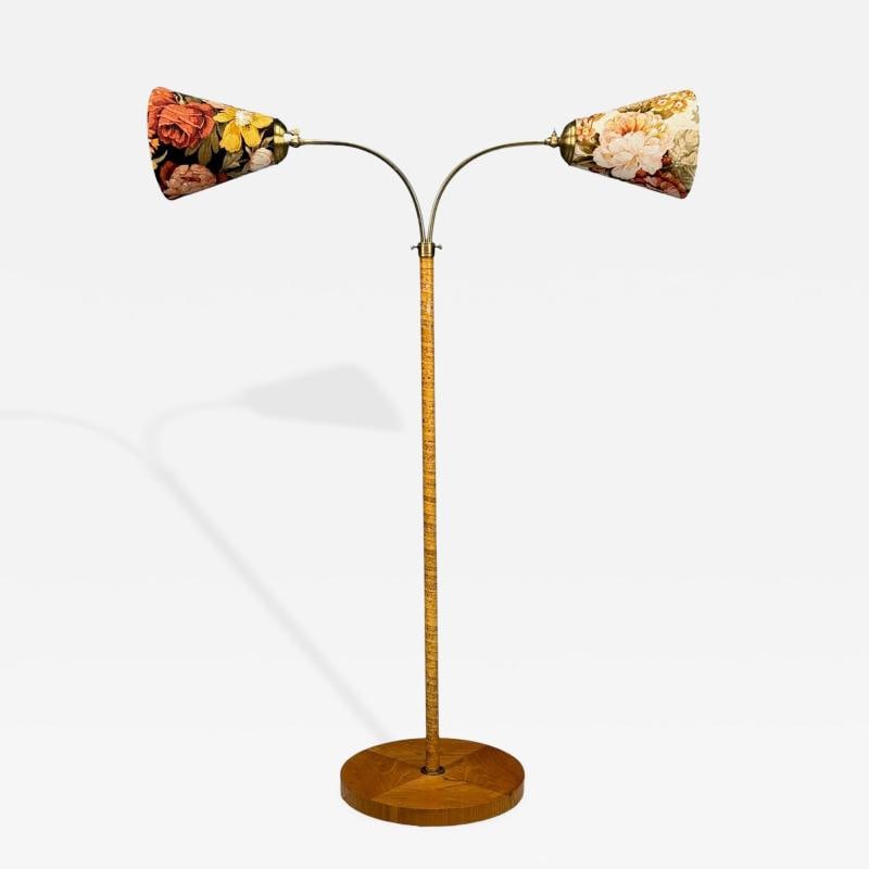 Corona Belysning, Floor Lamp, Wood, Brass, Fabric, Sweden, 1940s: Title: Corona Belysning, Floor Lamp, Wood, Brass, Fabric, Sweden, 1940s Description: Corona Belysning, Swedish Mid-Century Modern, Floor Lamp, Wood, Brass, Fabric, Sweden, 1940s A wood wrapped brass f