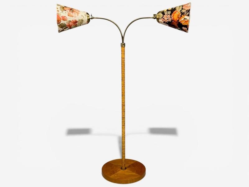 Corona Belysning, Floor Lamp, Wood, Brass, Fabric, Sweden, 1940s - 2