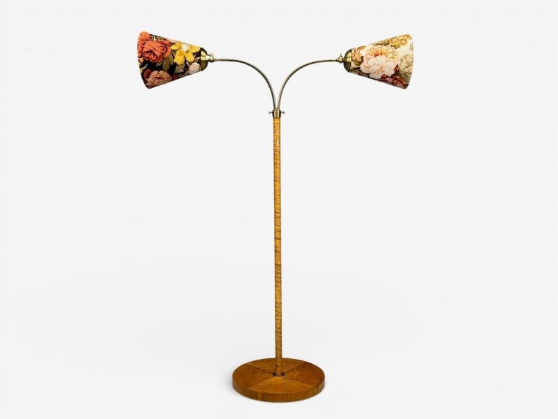 Corona Belysning, Floor Lamp, Wood, Brass, Fabric, Sweden, 1940s - 3