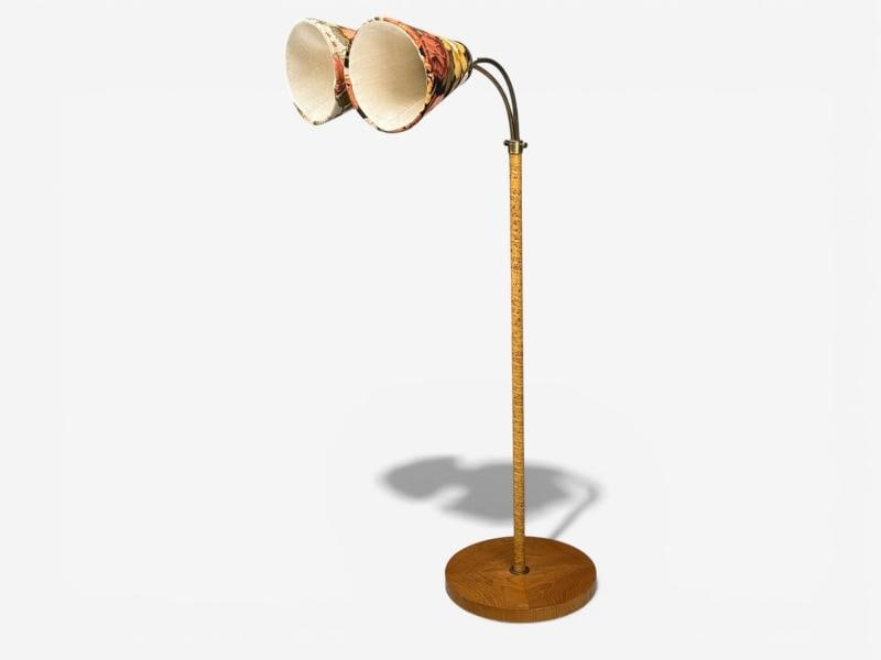 Corona Belysning, Floor Lamp, Wood, Brass, Fabric, Sweden, 1940s - 4